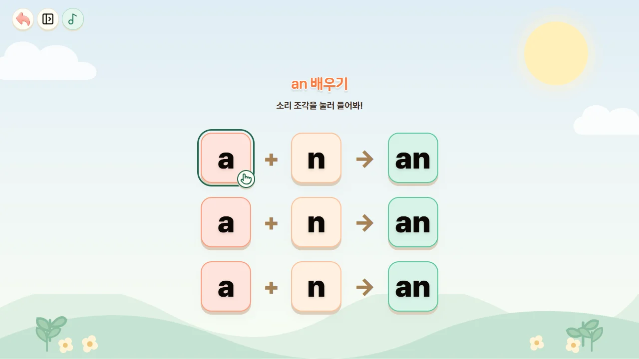a와 n의 소리를 합쳐 an을 배우는 실제 영어 파닉스 화면